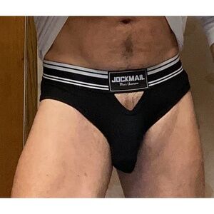 Jockmail, black brief, medium fit.